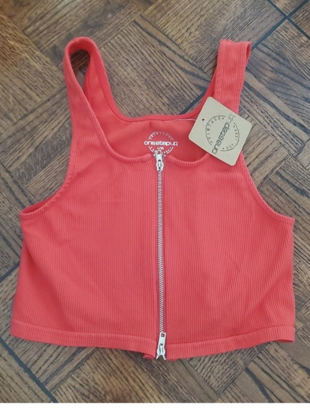 One Step Up Vintage Line Coral Zip Front Crop Top